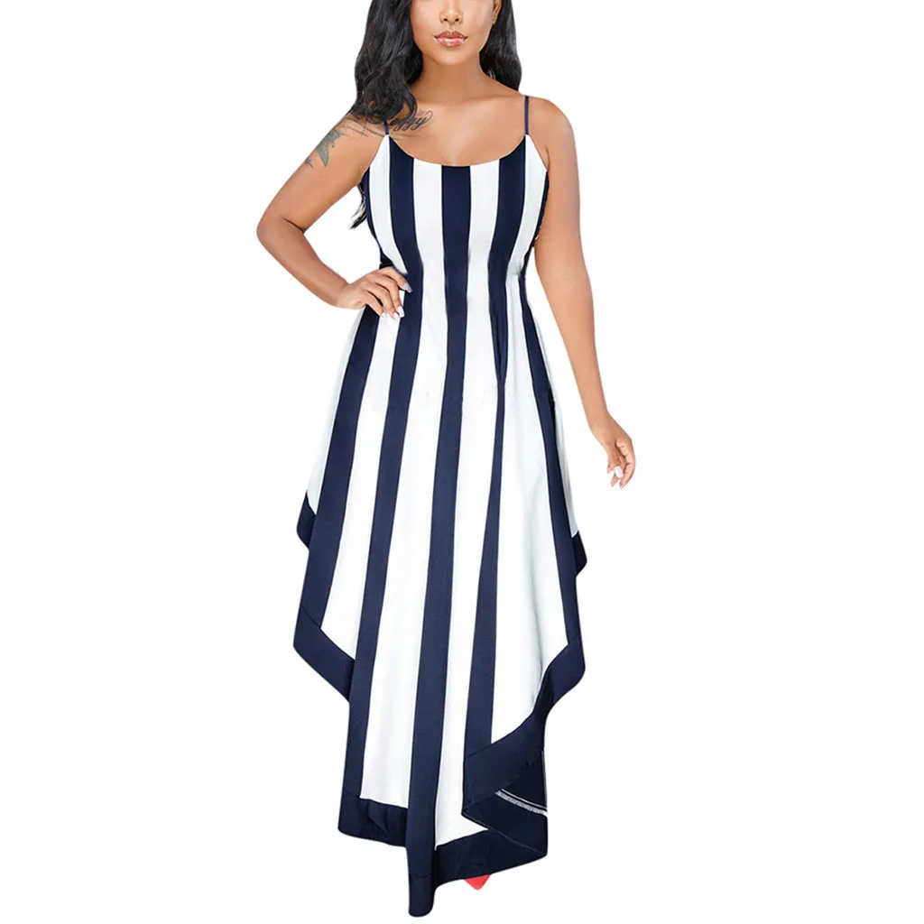 Женское асимметричное платье в полоску без рукавов с v образным вырезом и высокой