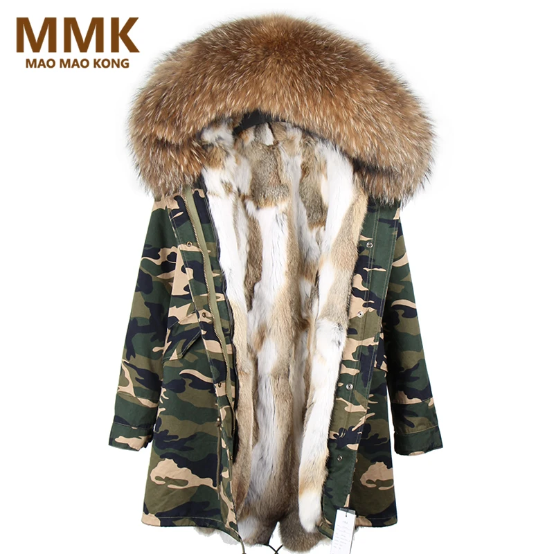 Женская парка Длинная зимняя куртка Камуфляжная с капюшоном и воротником из