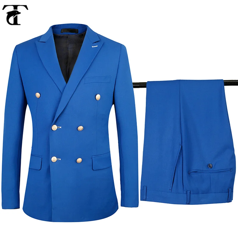 TOTURN двубортный костюм для мужчин Slim Fit Свадебные костюмы для мужчин королевский синий смокинг костюм брюки 2 шт Европейский размер 44-58 - Цвет: Royal Blue