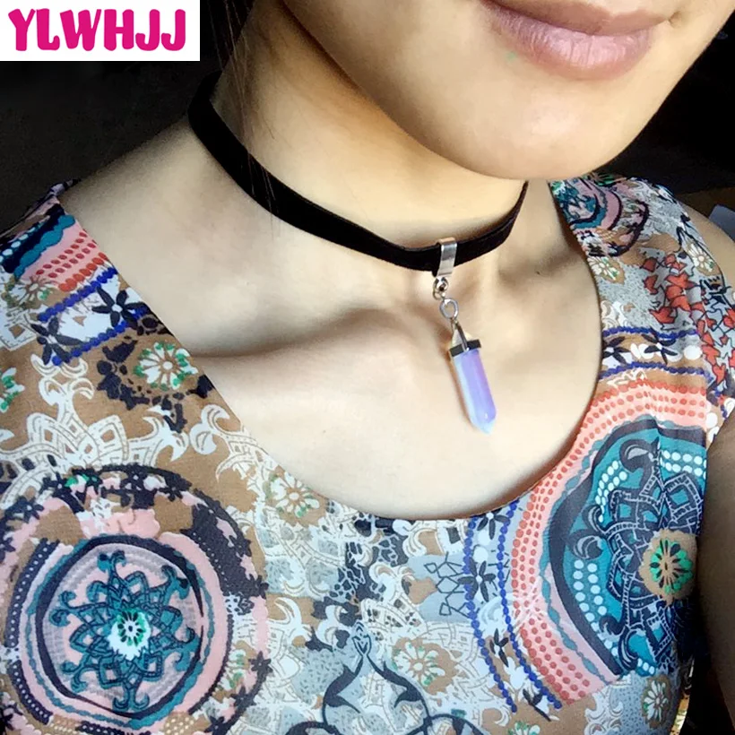 YLWHJJ brand 2017 new women bullet choker necklace black velvet girls crystal natural stone glass fashion statement jewelry hot | Украшения