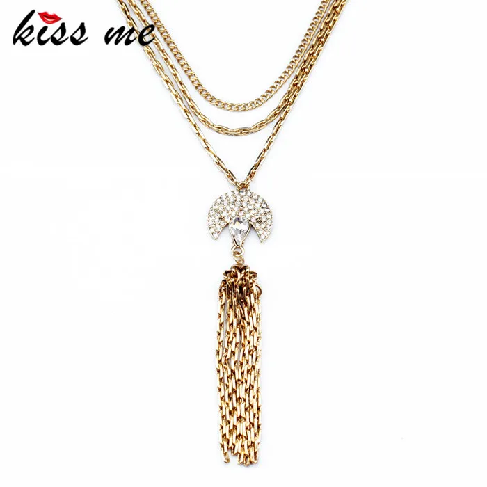 

New Styles KISS ME Fashion Jewelry Clear Glass Stone Tassel Pandent Necklace