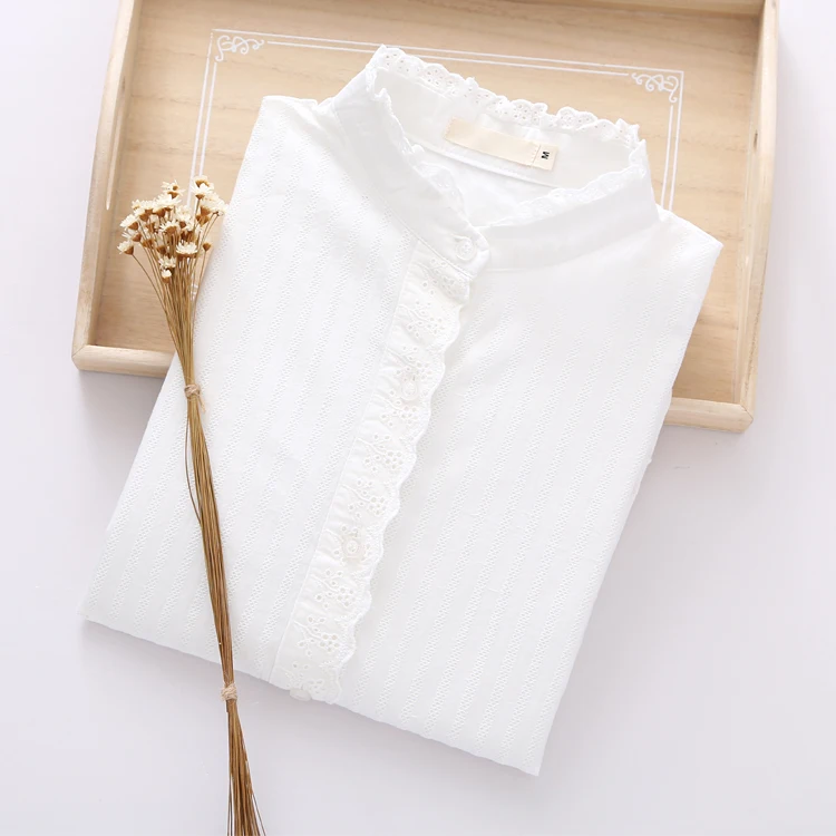 Женские хлопковые кружевные блузки 2018 весенние модные белые тонкие рубашки с