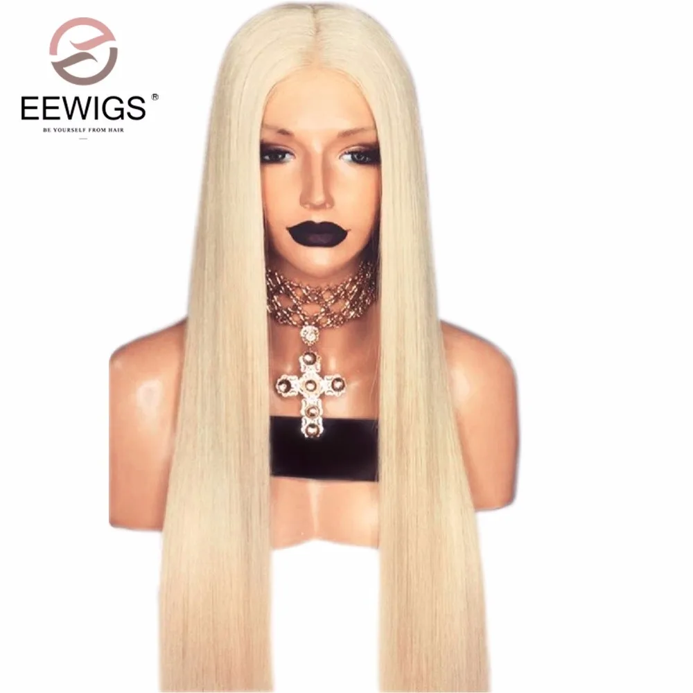 EEWigs платиновый блондин парик шелковистый прямой синтетический на кружеве с