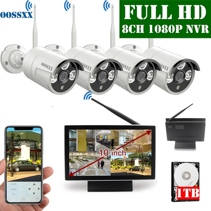 Белый OOSSXX 8CH 1080P Беспроводной NVR комплект 10' монитор беспроводной CCTV 4 шт 1080P Крытый Открытый IP камера система видеонаблюдения - Цвет: Белый