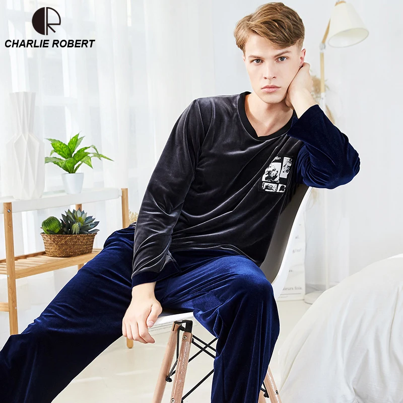 

Gold Velvet Winter Men Pajama Sets Thicken Flannel O-Neck Solid Casual Loose Home Clothes Winter Warm Suit Two Piece Lingerie