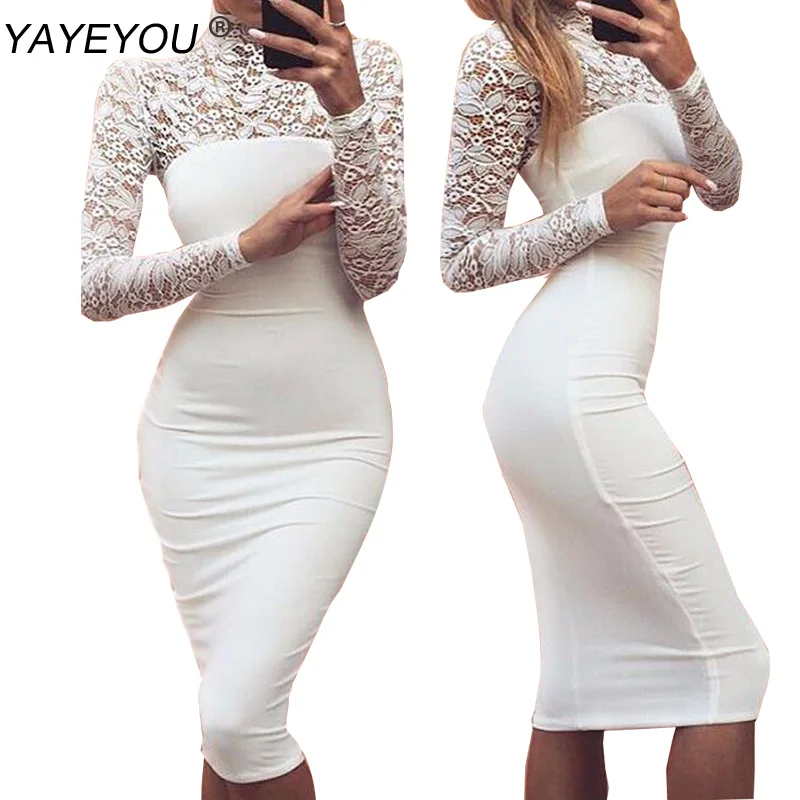 Горячая Водолазка с длинным рукавом Кружевное миди сексуальное Клубное