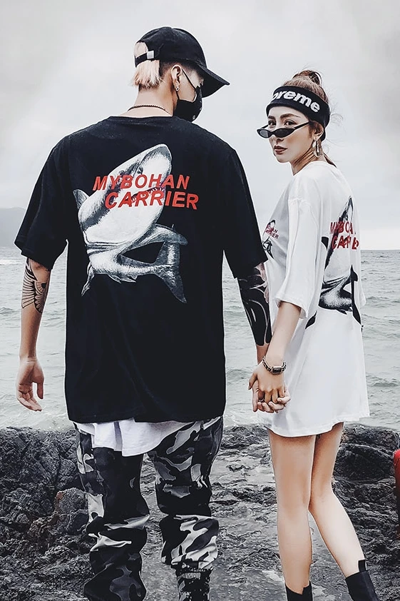 2019 летняя новая футболка с короткими рукавами принтом акулы Harajuku Hip-Hop Street Высокое