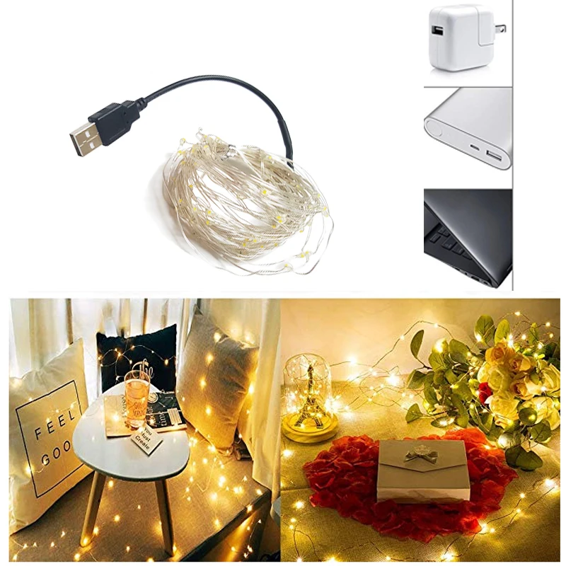 Светодиодная гирлянда 5 м 10 серебристый провод USB водонепроницаемая праздничное