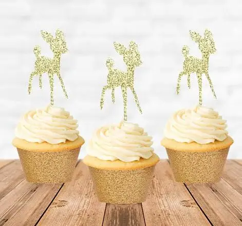 Блестящие лесные животные Детский олень День Рождения Кекс Toppers baby shower Крещение
