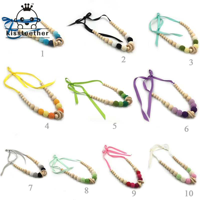 Collar de mordedor para beb&eacute;, collar seguro de cuentas de ganchillo con cuentas de madera Natural org&aacute;nico, juguete para mam&aacute;, collar de mordedor de madera para ni&ntilde;os-0