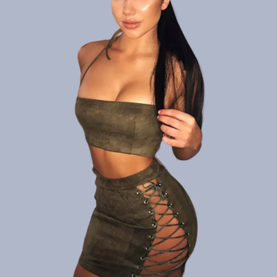 Женский топ с лямкой на шее сексуальный Клубная одежда комплект из 2 предметов