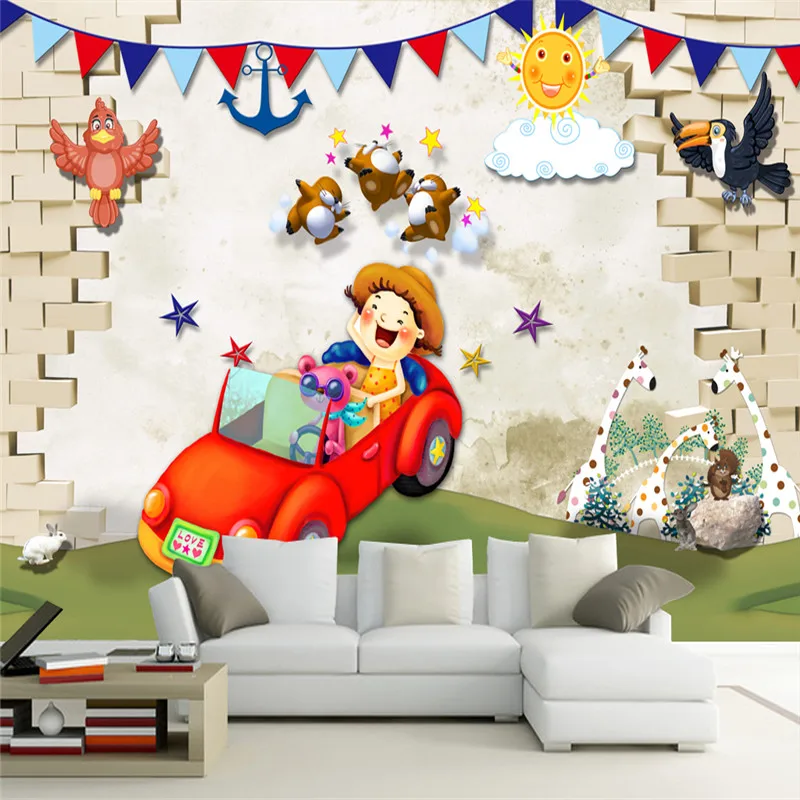 

Cartoon Pattern Wallpapers 3D Custom Brick Photo Wallpapers for Kids Room Wall Murals Bedroom Home Decor Animals Murals Painting
