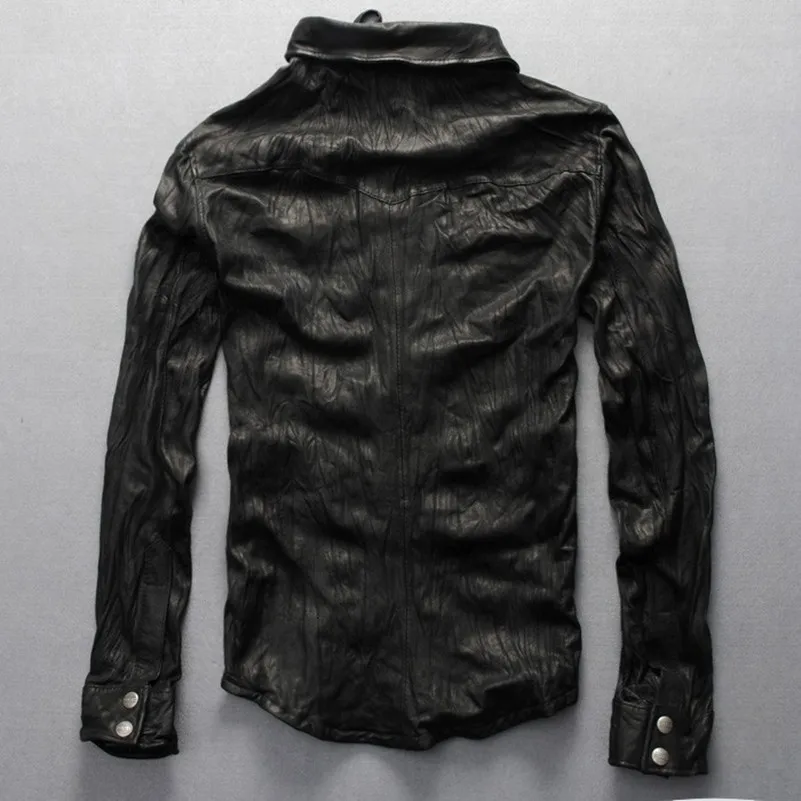 2017 Мужская тонкая рубашка из натуральной кожи мягкие рубашки овечьей черная