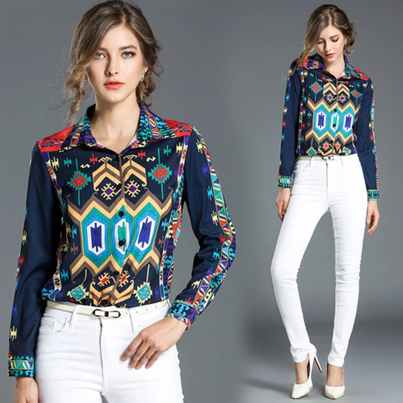 High Quality 2017 Autumn winter long sleeve print shirt women elegant office blouse slim top work wear OL shirts |