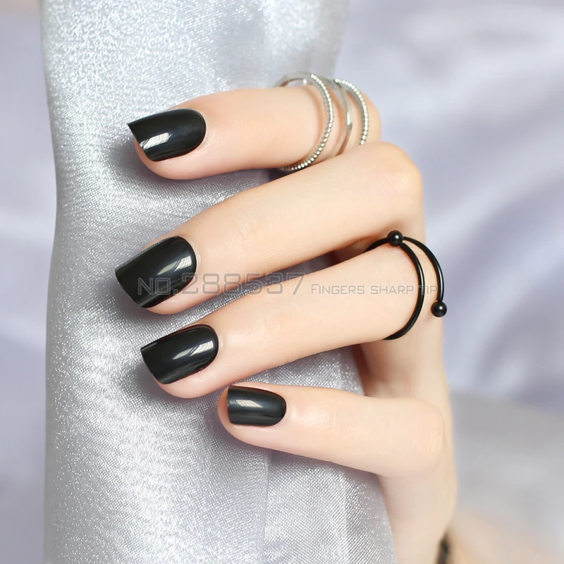 Модный 24 шт. накладные ногти черного цвета короткий абзац с круглым квадратным