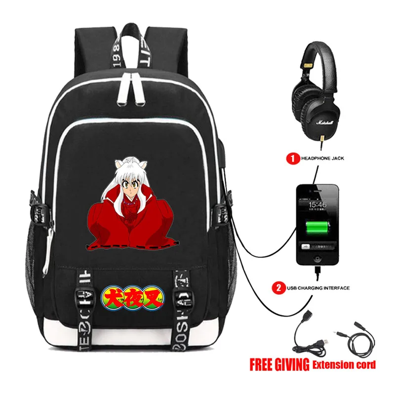 

Inuyasha Sit boy Sesshoumaru Book bag Rucksack Student School Bag For Boys Girls Travel Backpack USB Port Mochila Black Backpack