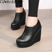 spring new pattern fashion round head zipper simplicity slope heel women shoes black white thick bottom banquet women shoes34 43