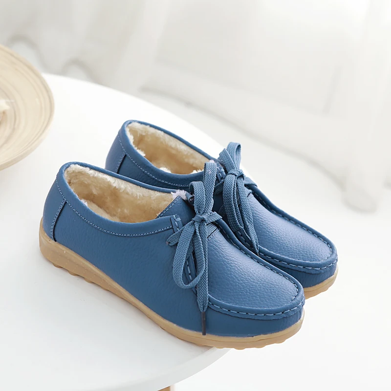 Blue Fur JZZDDOWN/туфли из мягкой натуральной кожи; женские зимние плюшевые туфли на высоком каблуке 3 см; женская обувь на плоской подошве с мехом; женская обувь на плоской подошве - Цвет: Blue Fur