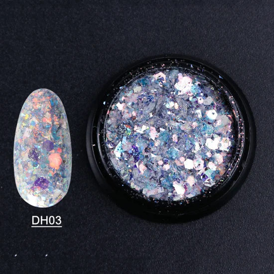 DH03 1 коробка Holo дизайн ногтей блестки хлопья Русалка шестиугольник Блестки Блестящий Порошок хромового пигмента для геля украшения ногтей кончик CHDH01-11 - Цвет: DH03