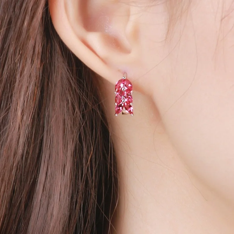 

OMHXFC Wholesale European Fashion Woman Girl Party Birthday Wedding Gift Red Leaf AAA Zircon 18KT White Gold Hoop Earrings EH163