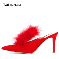 2018 women fashion pumps mules slides red black shoes thin high heel woman shoes autumn pointed toe ostrich hair sexy pumps