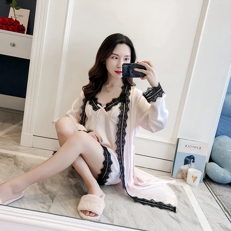 Розовый летний ночной халат сексуальный женский комплект из 2 предметов топ на