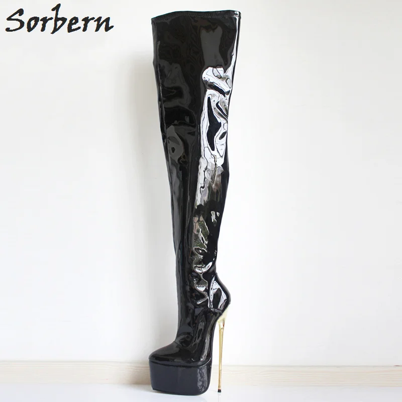 Black Shiny Sorbern/белые блестящие высокие сапоги до середины бедра женские сапоги на металлическом серебристом каблуке 30 см, на заказ, ширина голенища, женские сапоги пикантные Фетиш на высоком каблуке - Цвет: Black Shiny