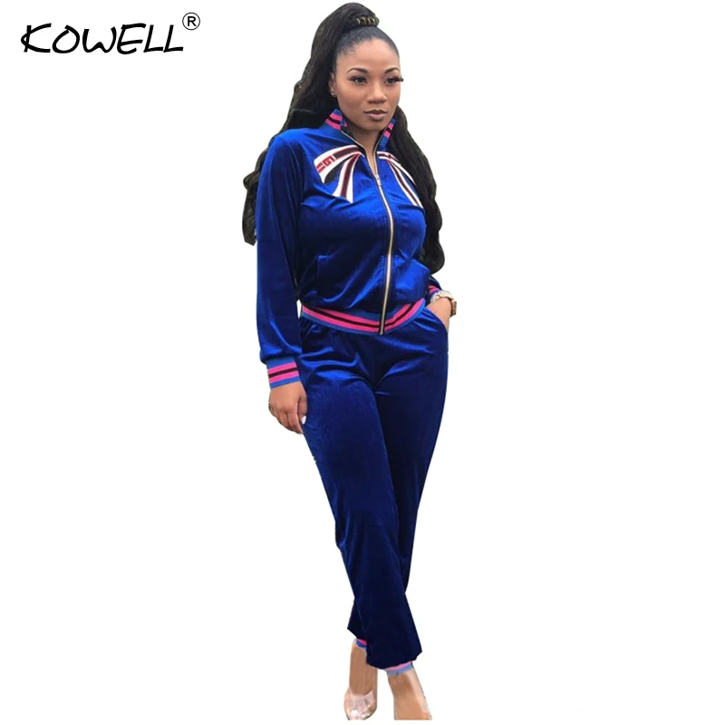 Women Tracksuit Winter Embroidery Two Piece Set Patchwork Velvet Casual Sweatshirts Tops+Long Pants Sets Warm 2 |