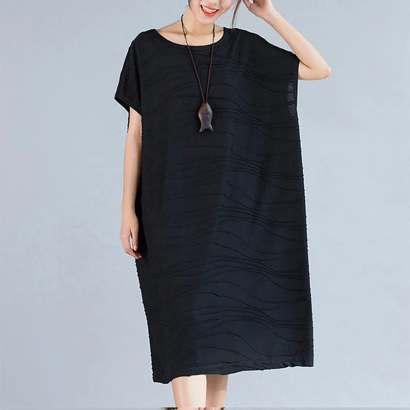 Johnature Womens Dresses New Arrival Summer Casual Korean O-neck Solid Color Short Sleeve Loose 3 Colors Cotton Women Dress