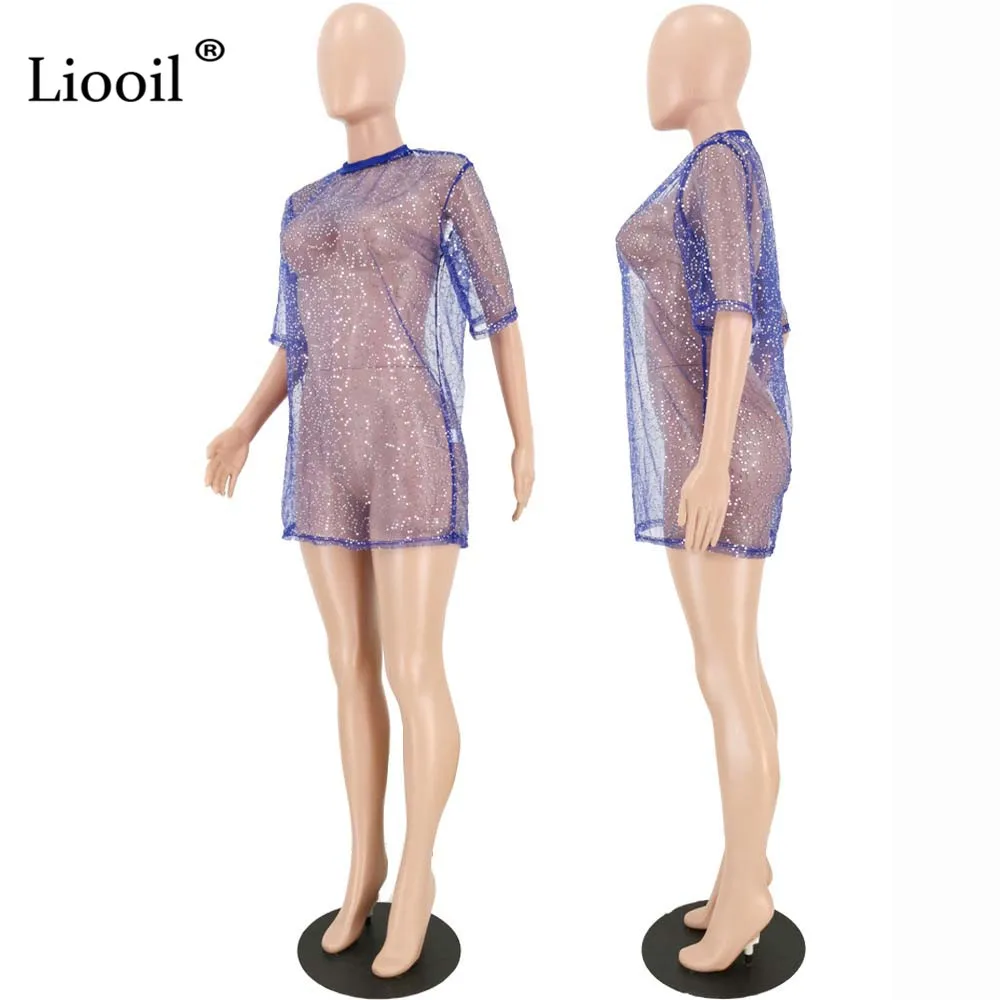 Liooil/Сетчатое прозрачное свободное мини-платье с блестками, рубашка, женская одежда для спортзала, прозрачные белые сексуальные платья, женские вечерние платья