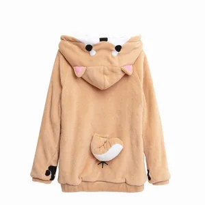 Shiba Inu Doge Kawaii lovely Velvet Long-sleeved Hooded Plush Coat Cartoon Anime Style Warm lady Win