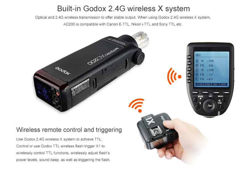 Godox AD200 200Ws ttl GN60 HSS Вспышка Встроенная 2,4G Беспроводная+ Xpro-C/N/F/S/O передатчик для Canon Nikon Fuji sony Olympus камера