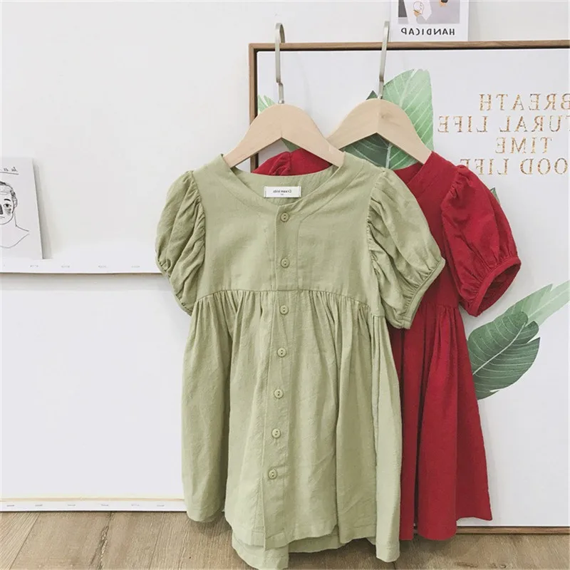 2019 Korean style cute girls solid color loose dress cotton single-breasted casual dresses 2-6Y | Детская одежда и обувь