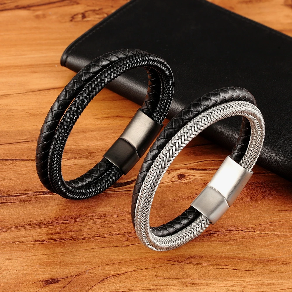 Фото XQNI Classic Style Leather With Stainless Steel Stitching Combination Men's Bracelet Black/Steel Buckle Party Accessories Gift №4