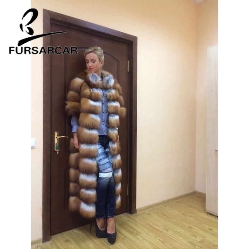 Женское пальто с натуральным лисьим мехом FURSARCAR роскошное длинное зимнее из