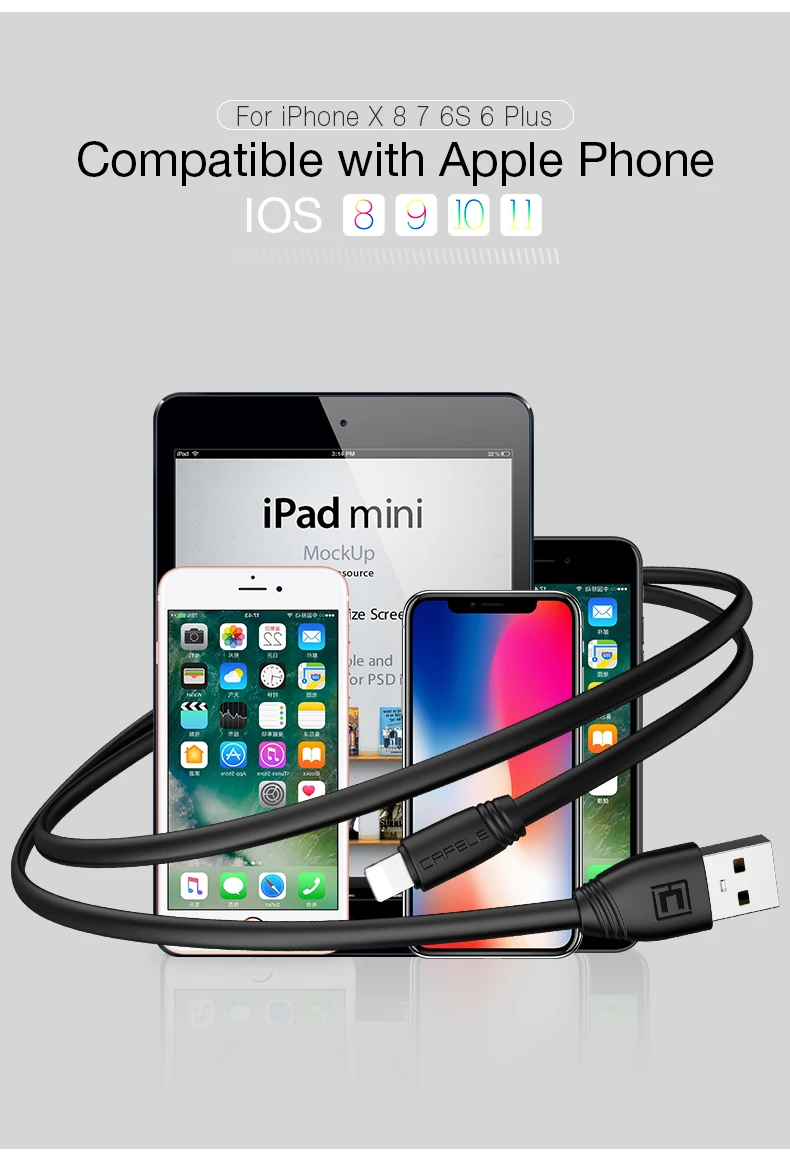 CAFELE плоский USB кабель для зарядки для iphone X 8 7 6S 6 Plus 5S кабель для синхронизации данных для IOS 11 10 9 прочный без скручивания