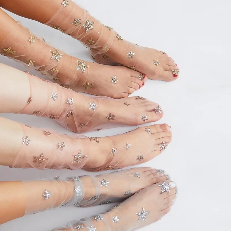 HARKO Chic Harajuku блестящие носки со звездами прозрачные сетчатые золотые Серебристые