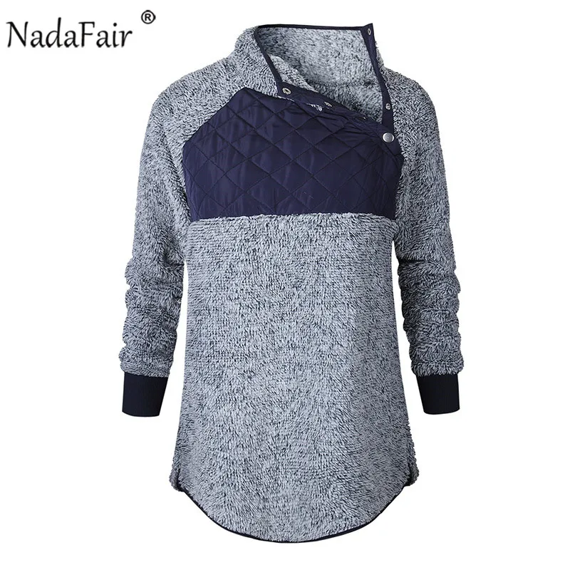 Nadafair флисовая толстовка с капюшоном, Женская Осенняя водолазка из искусственного меха в стиле пэчворк, Повседневная Толстовка размера плюс, женские зимние пуловеры