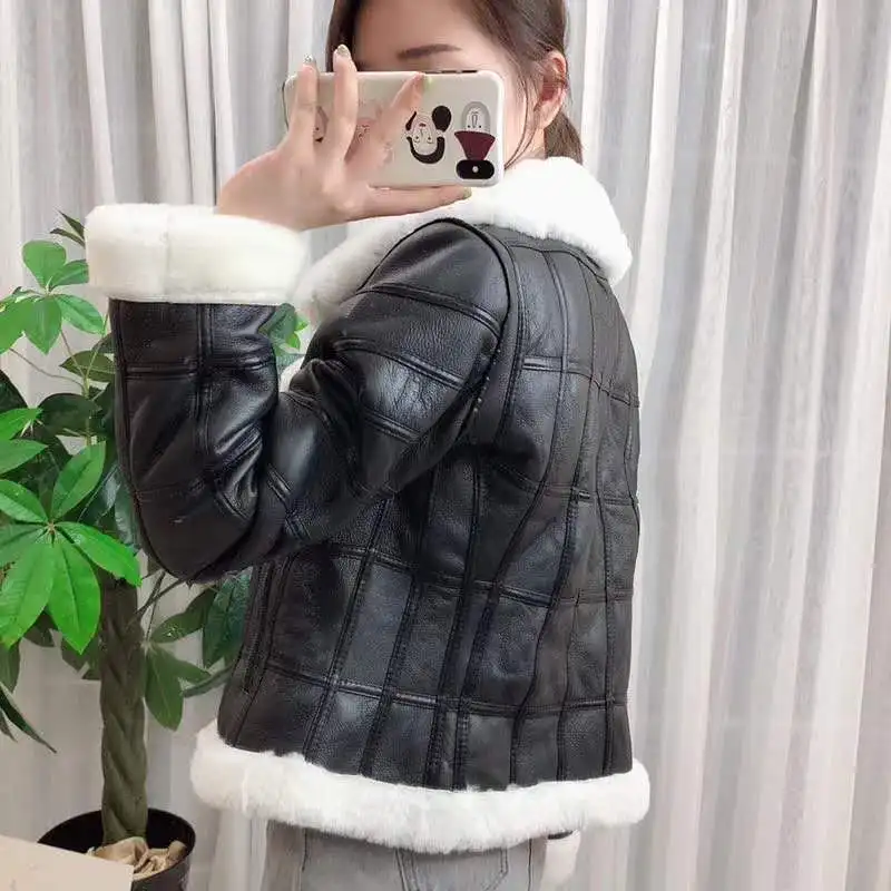 Abrigo mujer natural real sheep fur coat women clothes moto& Biker genuine leather jacket Double-faced Fur sheepskin coat
