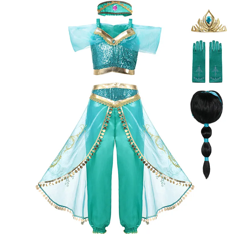 Jasmine Set-3 PaMaBa/праздничная одежда принцессы жасмин для девочек; нарядный комплект одежды; Топ и штаны; повязка на голову; Детский костюм с изображением Аладдина и волшебной лампы - Цвет: Jasmine Set-3