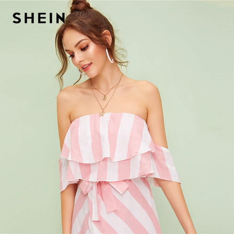 SHEIN, многоцветное длинное платье в полоску с оборкой и тюльпаном, с открытыми плечами, для женщин,, летнее, с высокой талией, Boho wrap Belted, платья