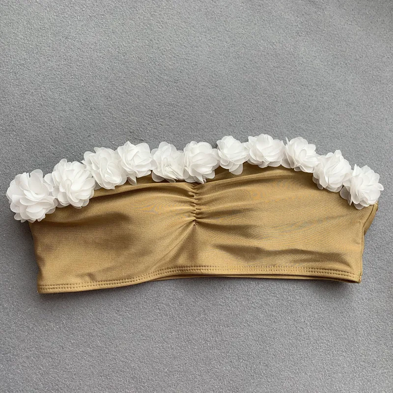 

White floral gold bikini Bandeau sexy swimwear women bathing suit bathers Push up thong swimsuit female biquini Swim suit 2021