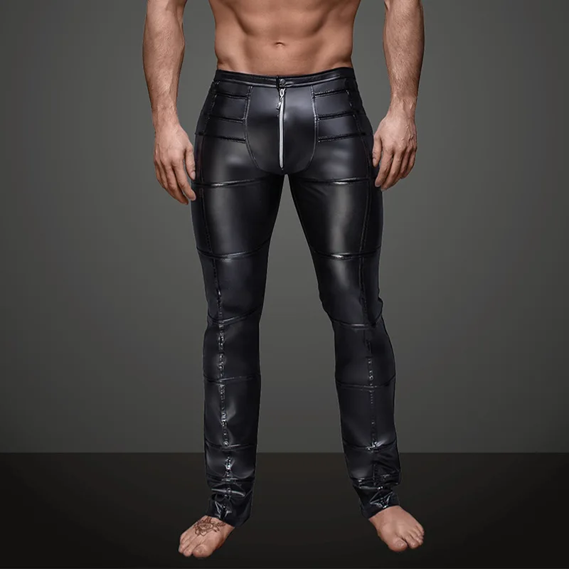 

Sexy Men Plus Size Stripe PVC Shiny Pencil Pants Tight Faux Leather Fashion Glossy Punk Pencil Pants Erotic Lingerie Gay Wear 34