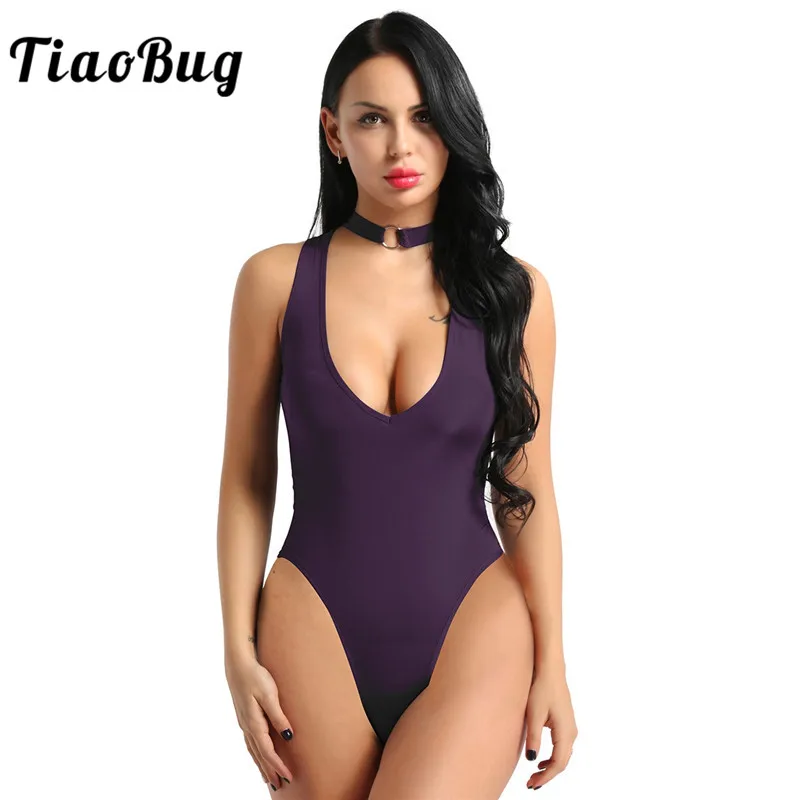 

TiaoBug Women One-piece See Through Sheer Lingerie Necklace Collar High Cut Crotchless Thong Leotard Hot Sexy Bodysuit Swimsuit