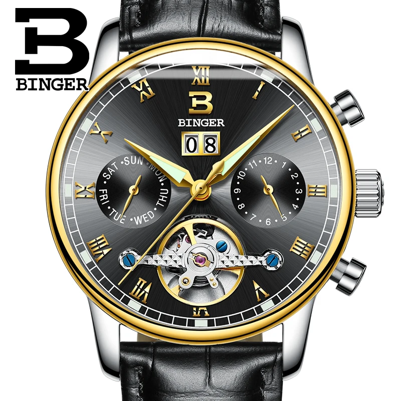 Швейцарские мужские часы BINGER люксовый бренд Tourbillon fulll водонепроницаемые