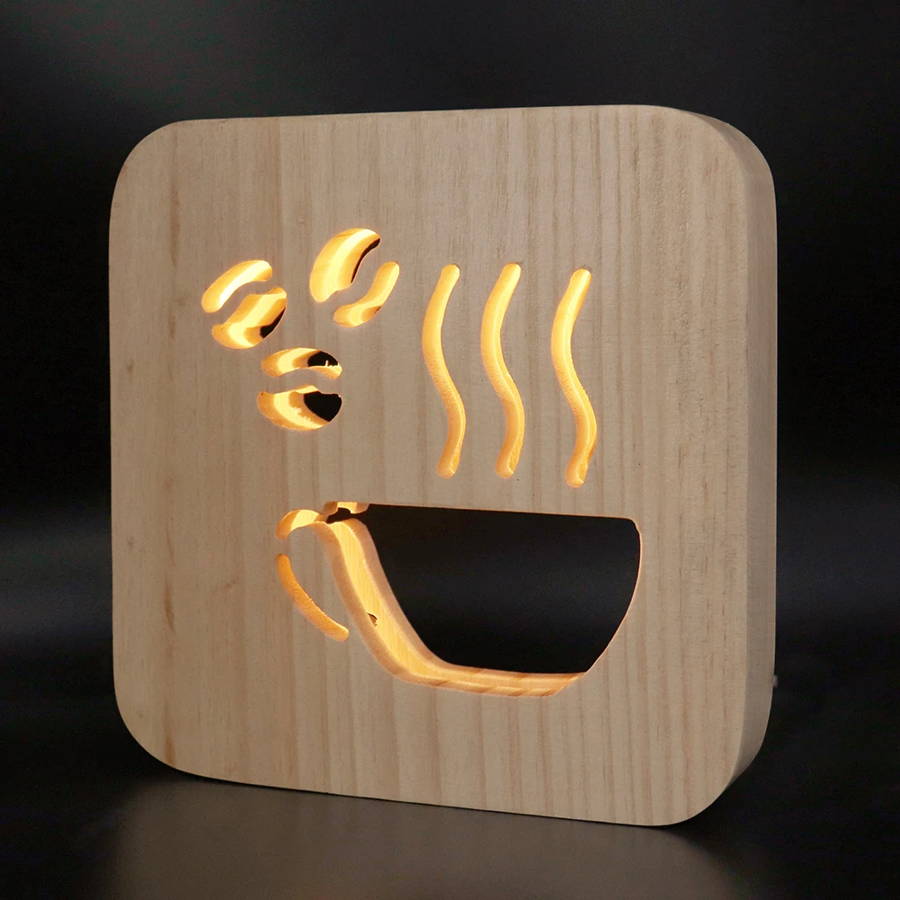 Форма кофейной чашки деревянный резной полый светодиодный ночник USB свет рабочего стола Декор