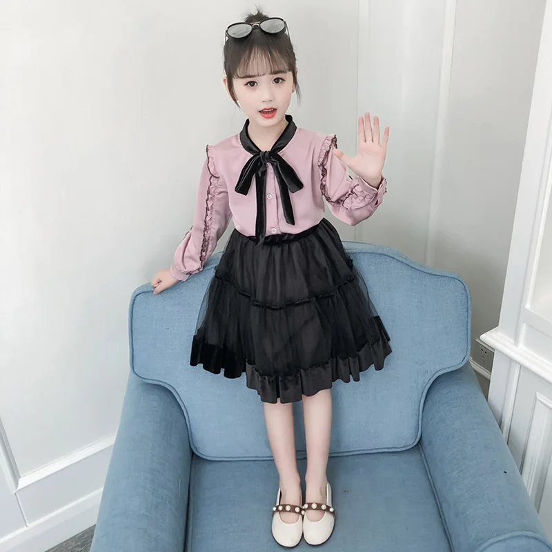 Одежда для девочек весна 2019 новая рубашка с юбкой костюм из двух предметов