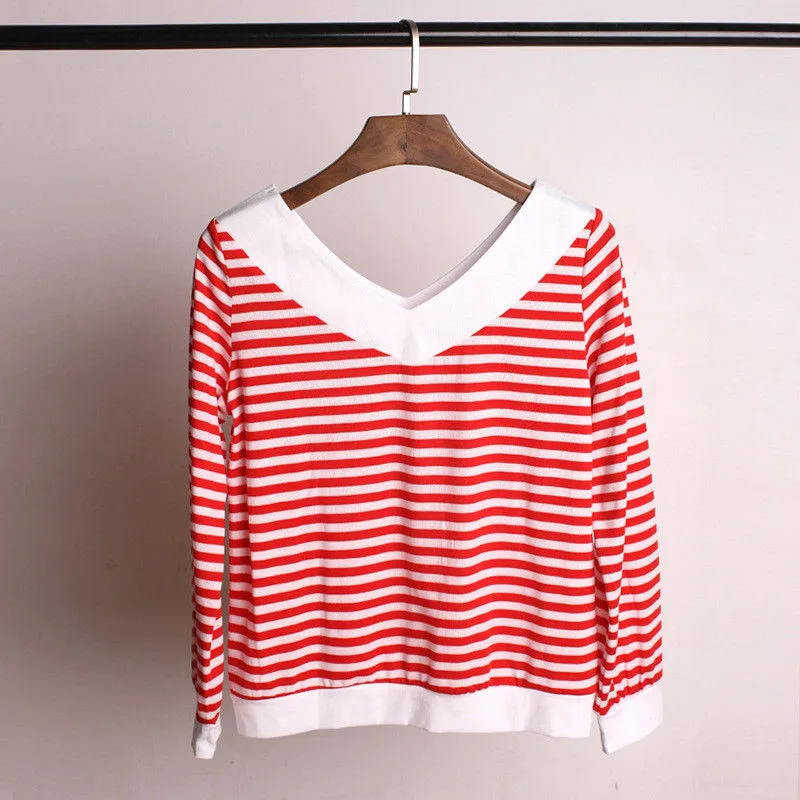 Autumn New Style 2017 Stylish Women's Loose Long Sleeve Deep V-neck Striped Blouse Tops Ladies Casual Pullovers Shirt Top |