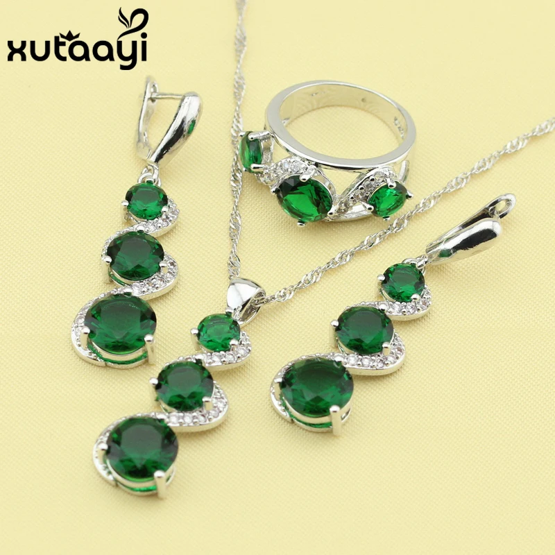 Fashion Women Wonderful Jewelry Sets  Silver colorDistinctive Imitated Green Stones Earring Ring Necklace Pendant Free Gift Box