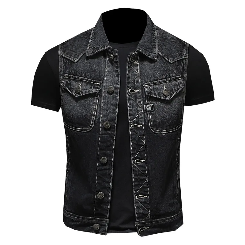 

Motorcycle Black Men Denim Vest Vintage Sleeveless Biker Jean Jacket Single Breasted Fashion Work Vests Male With Many Pockets